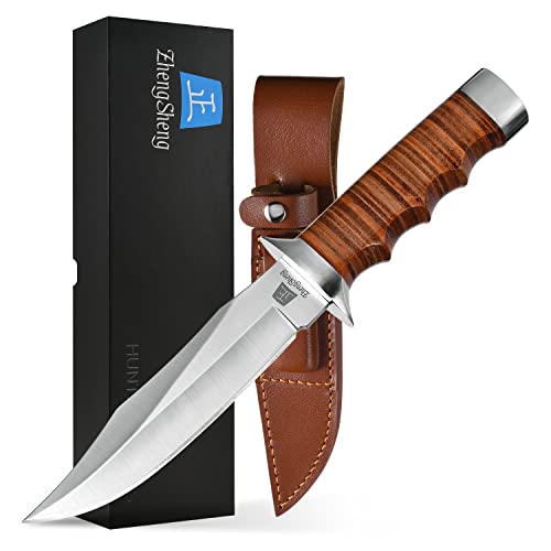 ZhengSheng 5.8 inches Fixed Blade Hunting Knife Genuine Leather Handle Bowie Knife with Leather Sheath Straight Edge Knife for Camping, Hiking, Survival