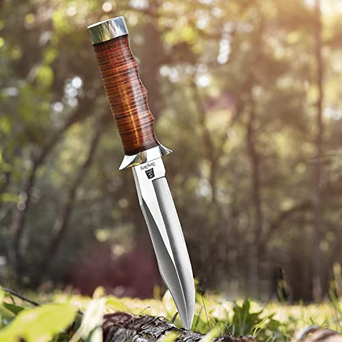 ZhengSheng 5.8 inches Fixed Blade Hunting Knife Genuine Leather Handle Bowie Knife with Leather Sheath Straight Edge Knife for Camping, Hiking, Survival