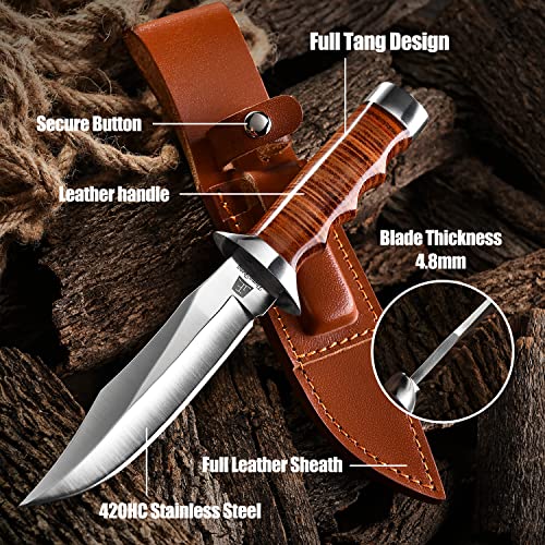 ZhengSheng 5.8 inches Fixed Blade Hunting Knife Genuine Leather Handle Bowie Knife with Leather Sheath Straight Edge Knife for Camping, Hiking, Survival