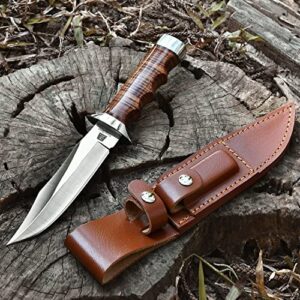 ZhengSheng 5.8 inches Fixed Blade Hunting Knife Genuine Leather Handle Bowie Knife with Leather Sheath Straight Edge Knife for Camping, Hiking, Survival