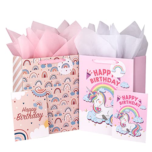 WRAPAHOLIC 13" Large Birthday Gift Bags with Card and Tissue Paper - 2 Pack for Kids Girl Birthday, Gift Wrap