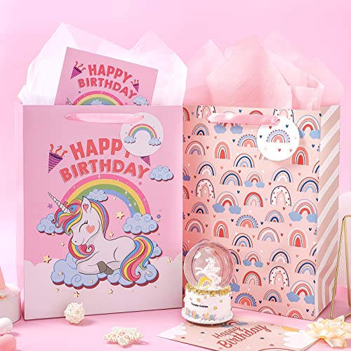 WRAPAHOLIC 13" Large Birthday Gift Bags with Card and Tissue Paper - 2 Pack for Kids Girl Birthday, Gift Wrap