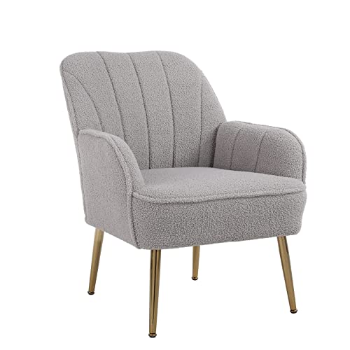 Goujxcy Teddy Barrel Chair Accent Armchair with Golden Legs for Living Room Bedroom Home Office, Tufted Back Club Chair (Grey2)