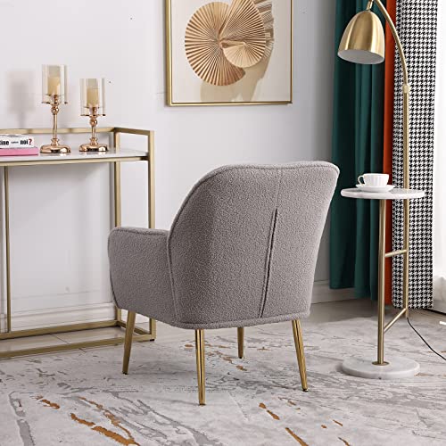 Goujxcy Teddy Barrel Chair Accent Armchair with Golden Legs for Living Room Bedroom Home Office, Tufted Back Club Chair (Grey2)