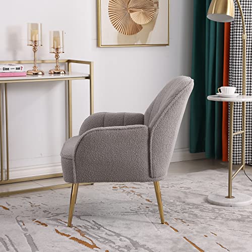 Goujxcy Teddy Barrel Chair Accent Armchair with Golden Legs for Living Room Bedroom Home Office, Tufted Back Club Chair (Grey2)