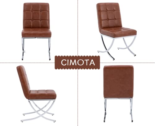 CIMOTA Modern Tufted Dining Chairs Set of 2 Upholstered Leather Dining Room Chairs Kitchen Chairs Comfy Armless Side Chairs with Chrome Metal X Legs for Dining Room/Living Room, PU Brown/2PCS
