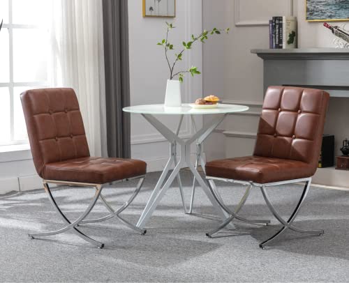 CIMOTA Modern Tufted Dining Chairs Set of 2 Upholstered Leather Dining Room Chairs Kitchen Chairs Comfy Armless Side Chairs with Chrome Metal X Legs for Dining Room/Living Room, PU Brown/2PCS