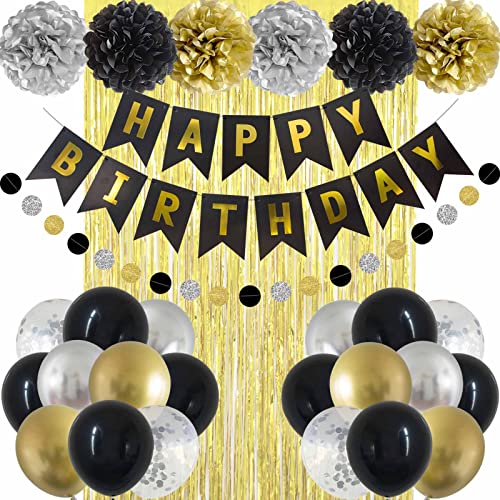 ANSOMO Black Gold and Silver Happy Birthday Party Decorations Décor Supplies Men Boys Him 1st 13th 18th 21st 30th 40th 50th 60th Banner Balloons Pom Poms