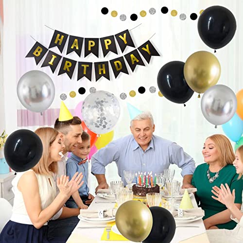ANSOMO Black Gold and Silver Happy Birthday Party Decorations Décor Supplies Men Boys Him 1st 13th 18th 21st 30th 40th 50th 60th Banner Balloons Pom Poms