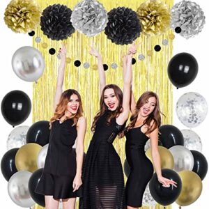 ANSOMO Black Gold and Silver Happy Birthday Party Decorations Décor Supplies Men Boys Him 1st 13th 18th 21st 30th 40th 50th 60th Banner Balloons Pom Poms