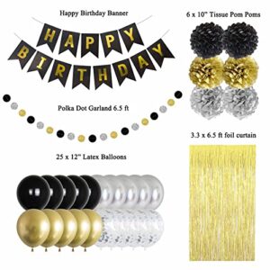 ANSOMO Black Gold and Silver Happy Birthday Party Decorations Décor Supplies Men Boys Him 1st 13th 18th 21st 30th 40th 50th 60th Banner Balloons Pom Poms