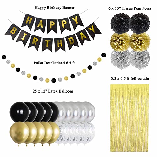 ANSOMO Black Gold and Silver Happy Birthday Party Decorations Décor Supplies Men Boys Him 1st 13th 18th 21st 30th 40th 50th 60th Banner Balloons Pom Poms
