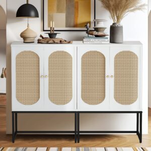 Lamerge Rattan Cabinet,2 Door Sideboard Buffet Cupboard Accent High Cabinet with Natural Rattan,Free Standing Bookmatch,Adjustable Shelves,Easy Assembly,White (LRC-W)