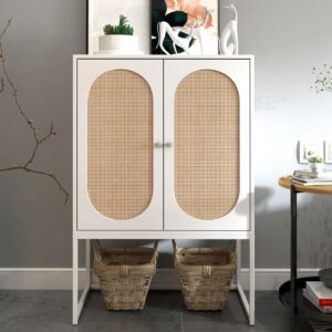 Lamerge Rattan Cabinet,2 Door Sideboard Buffet Cupboard Accent High Cabinet with Natural Rattan,Free Standing Bookmatch,Adjustable Shelves,Easy Assembly,White (LRC-W)