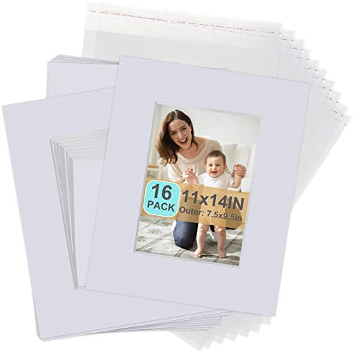 Acid Free 16 Pack 11 x 14 White Pre-Cut Picture Mat Board Show Kit for 8 x 10 Photos,Artworks,Prints,Includes 16Pcs Core Bevel Cut Matts & 16 Pcs Backing Board &16Pcs Clear Bags