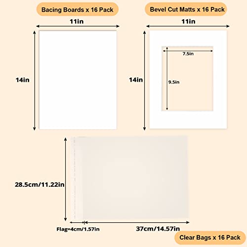 Acid Free 16 Pack 11 x 14 White Pre-Cut Picture Mat Board Show Kit for 8 x 10 Photos,Artworks,Prints,Includes 16Pcs Core Bevel Cut Matts & 16 Pcs Backing Board &16Pcs Clear Bags