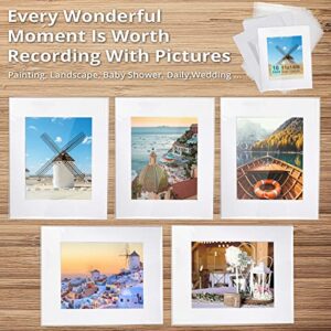 Acid Free 16 Pack 11 x 14 White Pre-Cut Picture Mat Board Show Kit for 8 x 10 Photos,Artworks,Prints,Includes 16Pcs Core Bevel Cut Matts & 16 Pcs Backing Board &16Pcs Clear Bags