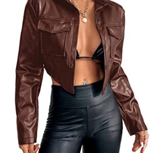 SweatyRocks Women's PU Leather Cropped Coat Casual Button Front Jacket with Bust Pocket Solid Brown M