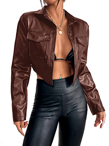 SweatyRocks Women's PU Leather Cropped Coat Casual Button Front Jacket with Bust Pocket Solid Brown M