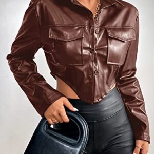 SweatyRocks Women's PU Leather Cropped Coat Casual Button Front Jacket with Bust Pocket Solid Brown M