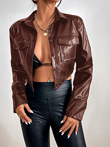 SweatyRocks Women's PU Leather Cropped Coat Casual Button Front Jacket with Bust Pocket Solid Brown M