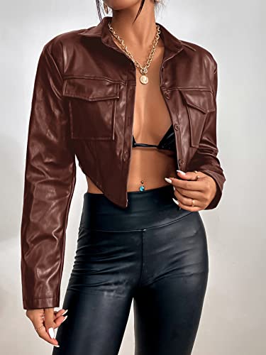 SweatyRocks Women's PU Leather Cropped Coat Casual Button Front Jacket with Bust Pocket Solid Brown M