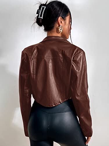 SweatyRocks Women's PU Leather Cropped Coat Casual Button Front Jacket with Bust Pocket Solid Brown M