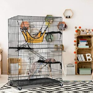 48'' large cat cage with wheels, collapsible large 3-tier metal cat enclosure perching shelves cat crate cat kennel ferret chinchilla cage with cat hammock/3 cat bed/3 ramp ladder/cat litter pan