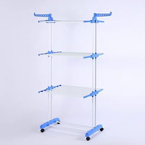 mumisuto Clothes Drying Rack, 3 Tier Folding Clothes Rail Movable Rolling Laundry Dryer with Hanging Rods Heavy Duty Cloth Drying Stand for Drying Clothes Towels Bed Linen(Blue)