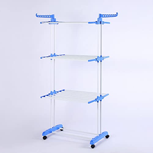 mumisuto Clothes Drying Rack, 3 Tier Folding Clothes Rail Movable Rolling Laundry Dryer with Hanging Rods Heavy Duty Cloth Drying Stand for Drying Clothes Towels Bed Linen(Blue)