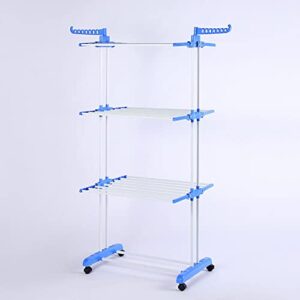 mumisuto clothes drying rack, 3 tier folding clothes rail movable rolling laundry dryer with hanging rods heavy duty cloth drying stand for drying clothes towels bed linen(blue)