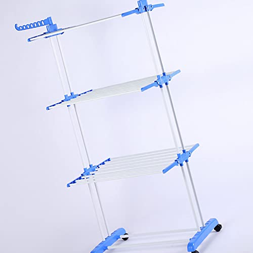 mumisuto Clothes Drying Rack, 3 Tier Folding Clothes Rail Movable Rolling Laundry Dryer with Hanging Rods Heavy Duty Cloth Drying Stand for Drying Clothes Towels Bed Linen(Blue)