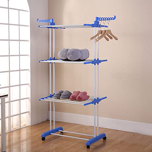 mumisuto Clothes Drying Rack, 3 Tier Folding Clothes Rail Movable Rolling Laundry Dryer with Hanging Rods Heavy Duty Cloth Drying Stand for Drying Clothes Towels Bed Linen(Blue)