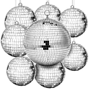 8 pcs large disco ball set silver mirror disco balls reflective ball with hanging ring party hanging ornament decoration for stage club ballroom dance hall wedding prom props supplies, 8'' 6'' 4''