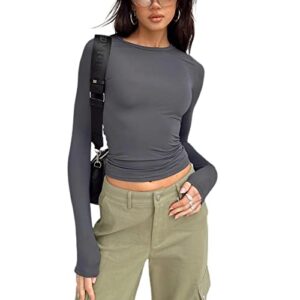 Women Sexy Long Sleeve T Shirt Crew Neck Slim Fitted Crop Top Causal Solid Y2k Pullover Blouse Top (A Grey,Small)