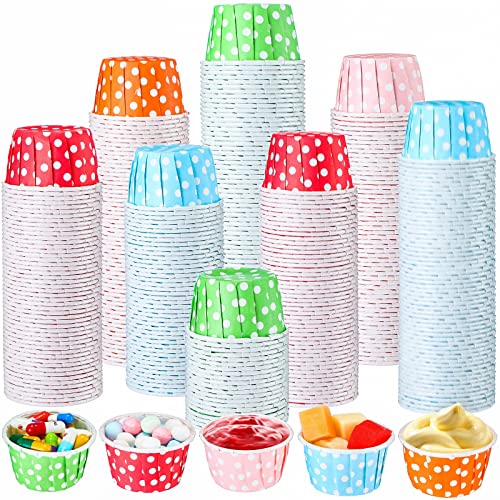 Nuogo 500 Pcs 1.5 oz Disposable Souffle Cups Mini Paper Taster Cups Small Condiment Cups Polka Dot Sample Cups for Ketchup Sacrament Snack Medicine Portion Containers, Orange, Blue, Green, Pink, Red