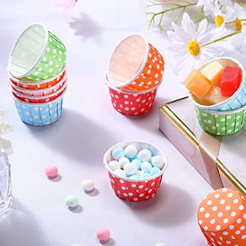 Nuogo 500 Pcs 1.5 oz Disposable Souffle Cups Mini Paper Taster Cups Small Condiment Cups Polka Dot Sample Cups for Ketchup Sacrament Snack Medicine Portion Containers, Orange, Blue, Green, Pink, Red