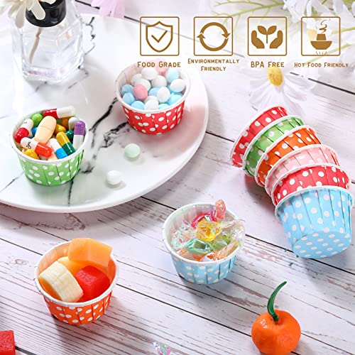 Nuogo 500 Pcs 1.5 oz Disposable Souffle Cups Mini Paper Taster Cups Small Condiment Cups Polka Dot Sample Cups for Ketchup Sacrament Snack Medicine Portion Containers, Orange, Blue, Green, Pink, Red