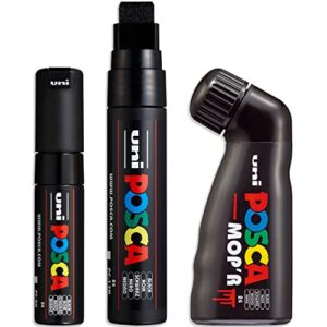 posca - broad nib paint marker pens set - mop'r, pc-17k, pc-8k - black ink - pack of 3