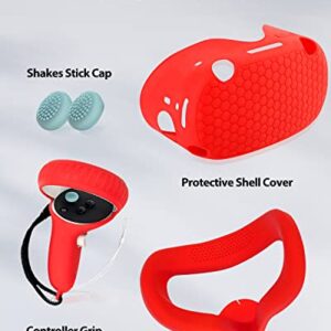 Hanpusen 4-in-1 Silicone Cover Set for Oculus Quest 2 Accessories, Controller Grips Cover, Anti-Fogging VR Face Cover,VR Headset Shell Protective Cover, Shakes Stick Caps Red