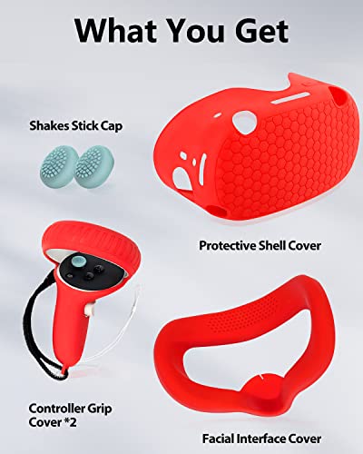 Hanpusen 4-in-1 Silicone Cover Set for Oculus Quest 2 Accessories, Controller Grips Cover, Anti-Fogging VR Face Cover,VR Headset Shell Protective Cover, Shakes Stick Caps Red