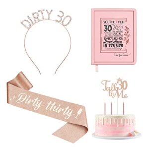 30th birthday decorations for women, 30th birthday sash, rhinestone headband / tiara, candles, cake toppers and daily planner, dirty 30 birthday decorations and 30th birthday gifts for her