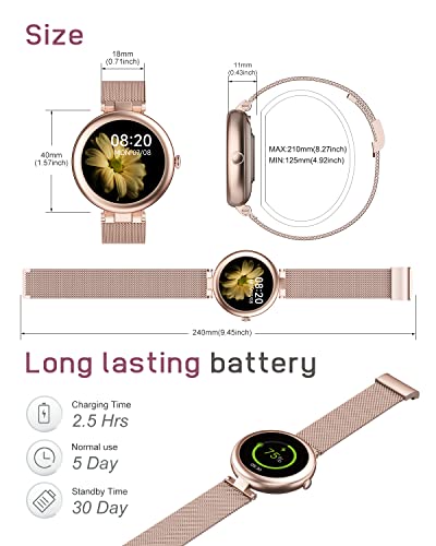 Smart Watch for Women IP68 Waterproof, Round Women's Watch for iOS Android Phones Fitness Tracker Smartwatch with Heart Rate Monitor Steps/Sleep Tracker Slim Gold (Sport & Metal Bands Included), LYNN