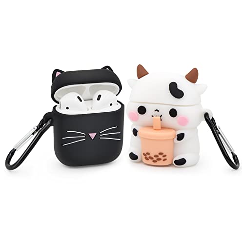 Megantree 2 Pack Cute Boba Tea Cow Airpods Case, Whisker Cat Airpods 2 Case, Funny 3D Cartoon Animal Cat Kitty Shockproof Soft Silicone Case with Carabiner for Airpods 1st Generation, 2nd Generation