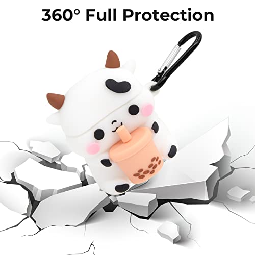 Megantree 2 Pack Cute Boba Tea Cow Airpods Case, Whisker Cat Airpods 2 Case, Funny 3D Cartoon Animal Cat Kitty Shockproof Soft Silicone Case with Carabiner for Airpods 1st Generation, 2nd Generation