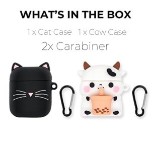 Megantree 2 Pack Cute Boba Tea Cow Airpods Case, Whisker Cat Airpods 2 Case, Funny 3D Cartoon Animal Cat Kitty Shockproof Soft Silicone Case with Carabiner for Airpods 1st Generation, 2nd Generation