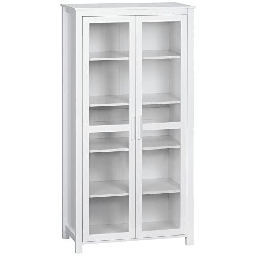 HOMCOM Freestanding Kitchen Pantry, 5-Tier Storage Display Cabinet, Curio Cabinet with Adjustable Shelves and 2 Glass Doors for Living Room, Dining Room, White