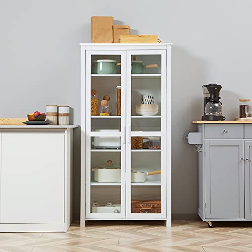 HOMCOM Freestanding Kitchen Pantry, 5-Tier Storage Display Cabinet, Curio Cabinet with Adjustable Shelves and 2 Glass Doors for Living Room, Dining Room, White