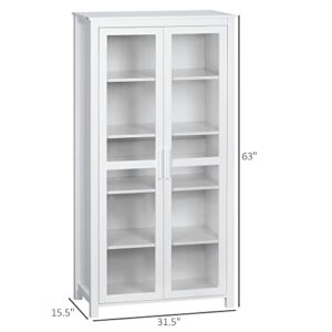 HOMCOM Freestanding Kitchen Pantry, 5-Tier Storage Display Cabinet, Curio Cabinet with Adjustable Shelves and 2 Glass Doors for Living Room, Dining Room, White