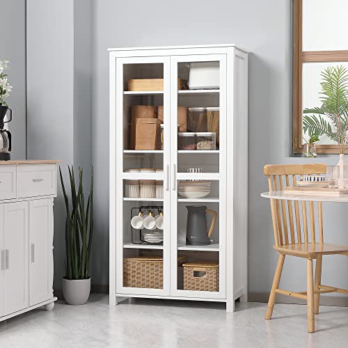 HOMCOM Freestanding Kitchen Pantry, 5-Tier Storage Display Cabinet, Curio Cabinet with Adjustable Shelves and 2 Glass Doors for Living Room, Dining Room, White